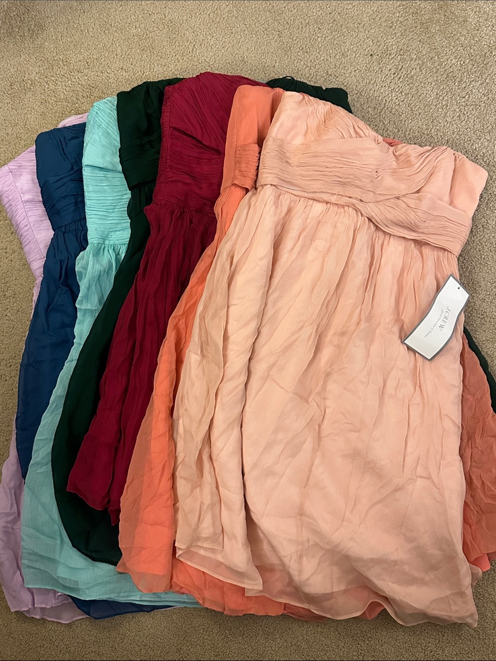Bundle of JCrew  Taryn Strapless Chiffon Dresses in Peach and Assorted Colors